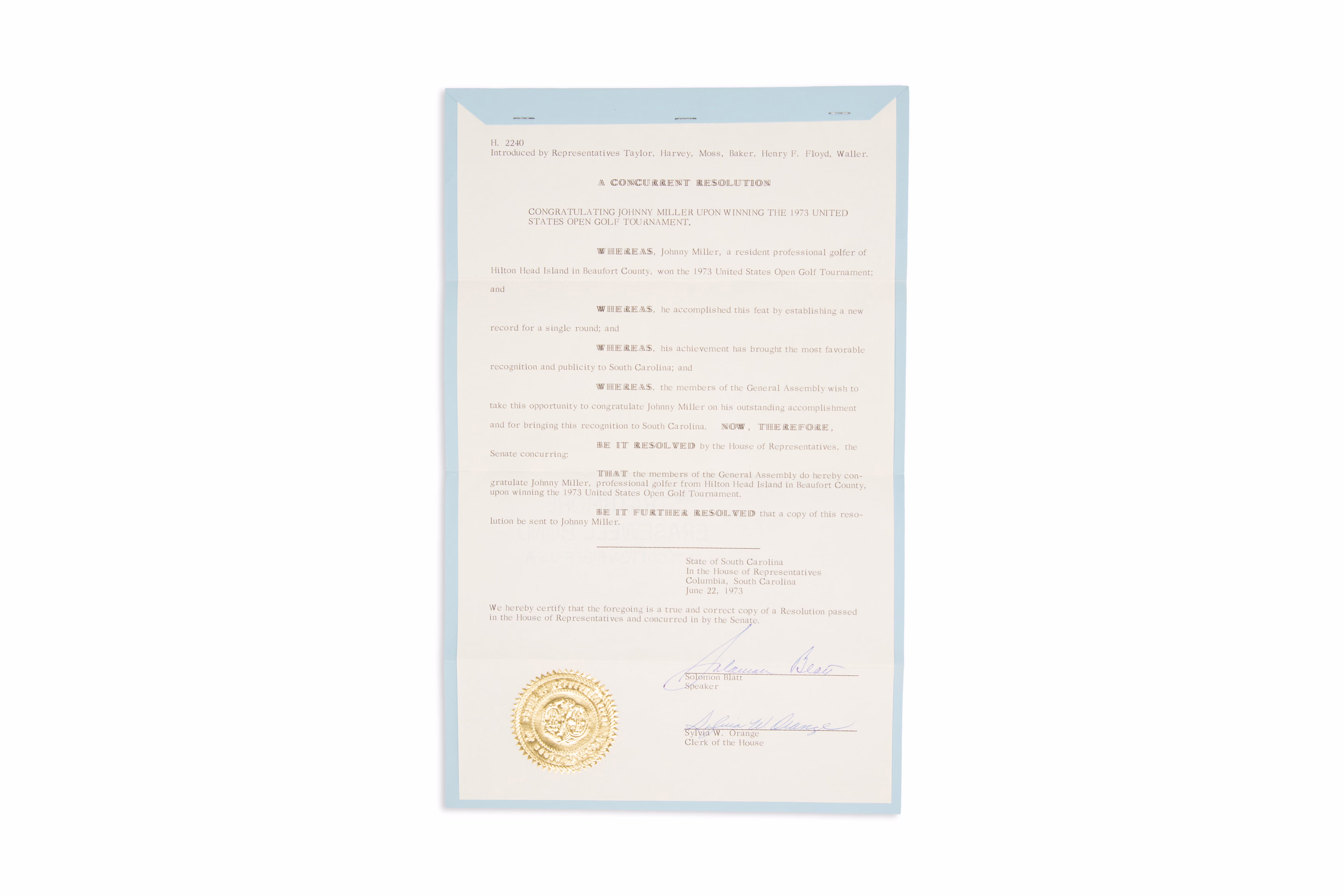 Asset 1 for South Carolina House of Representatives recognizing 73rd US Open win