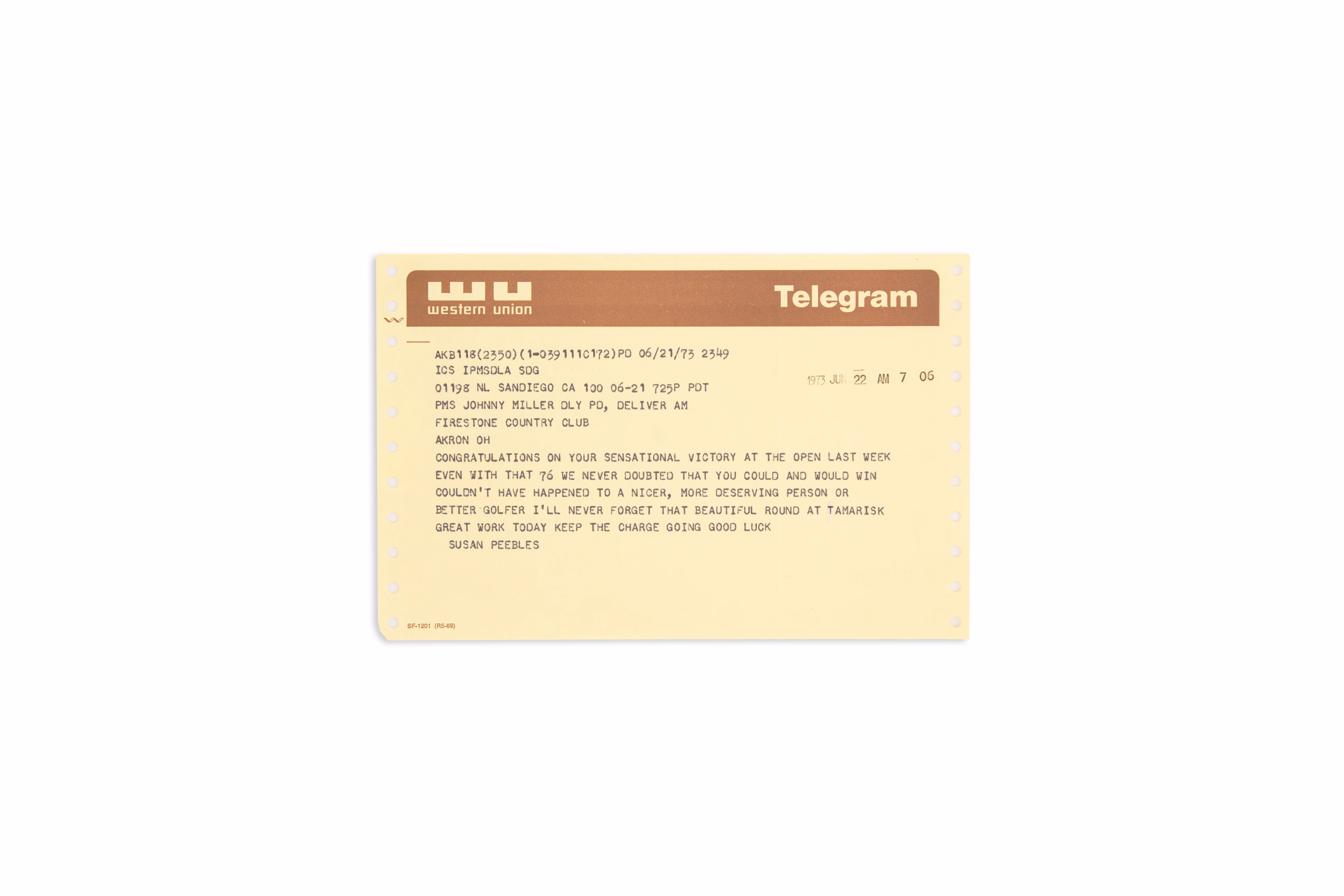 Asset 1 for Western Union Telegrams to Johnny after his US Open win at Oakmont