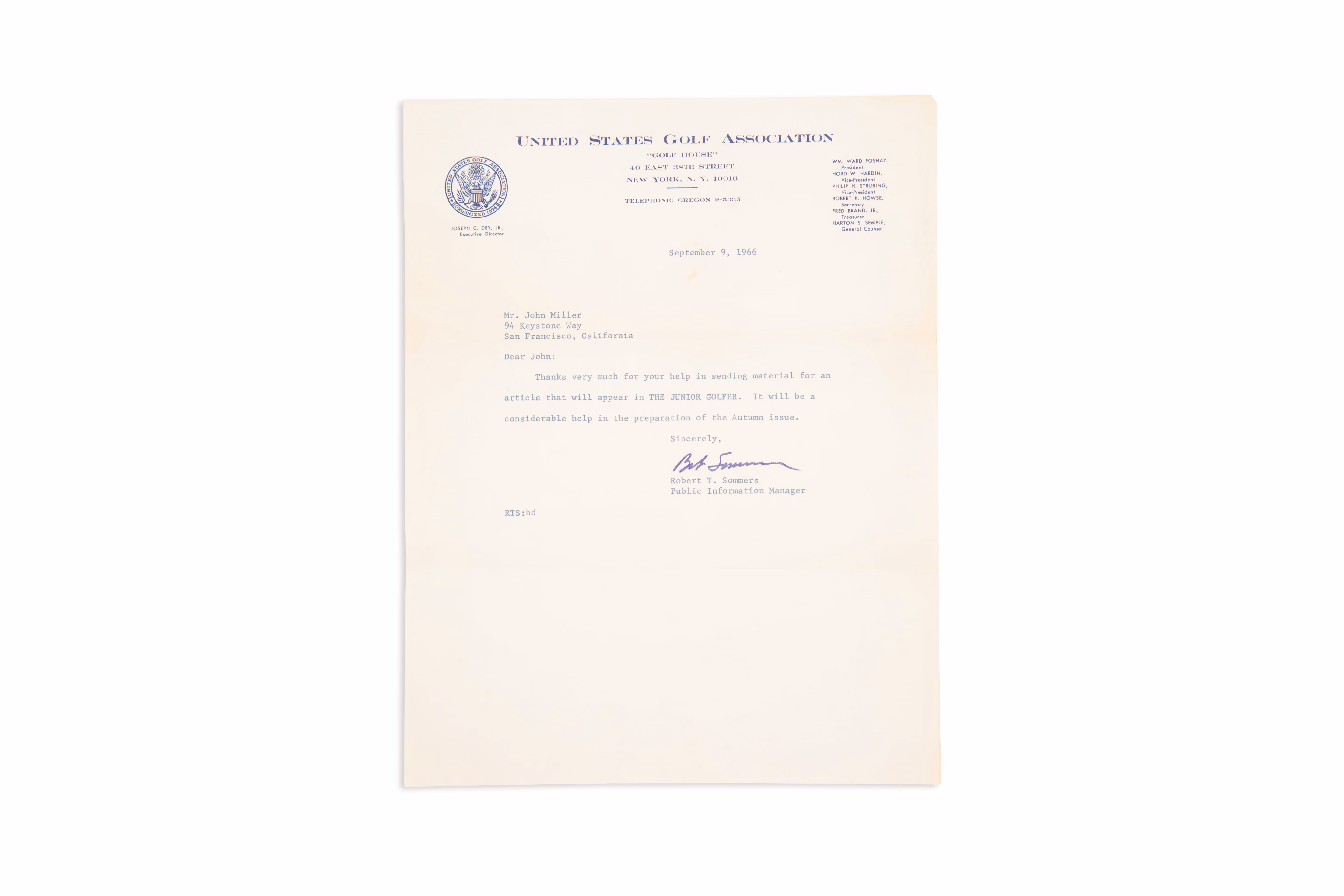 Asset 1 for Letter from USGA to young Johnny