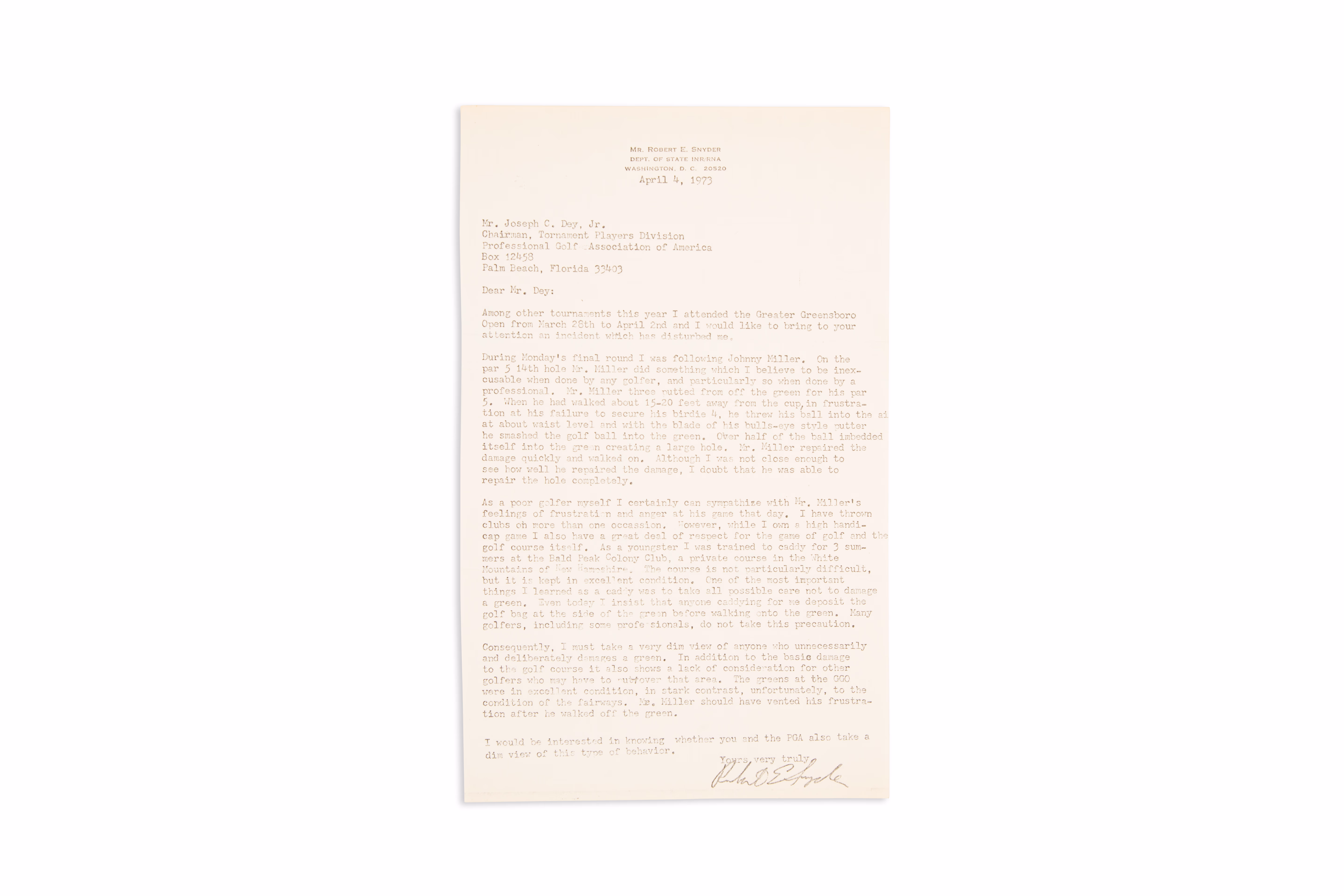 Asset 1 for Exchange of Letters between offended fan and PGA Commissioner Joseph Dey