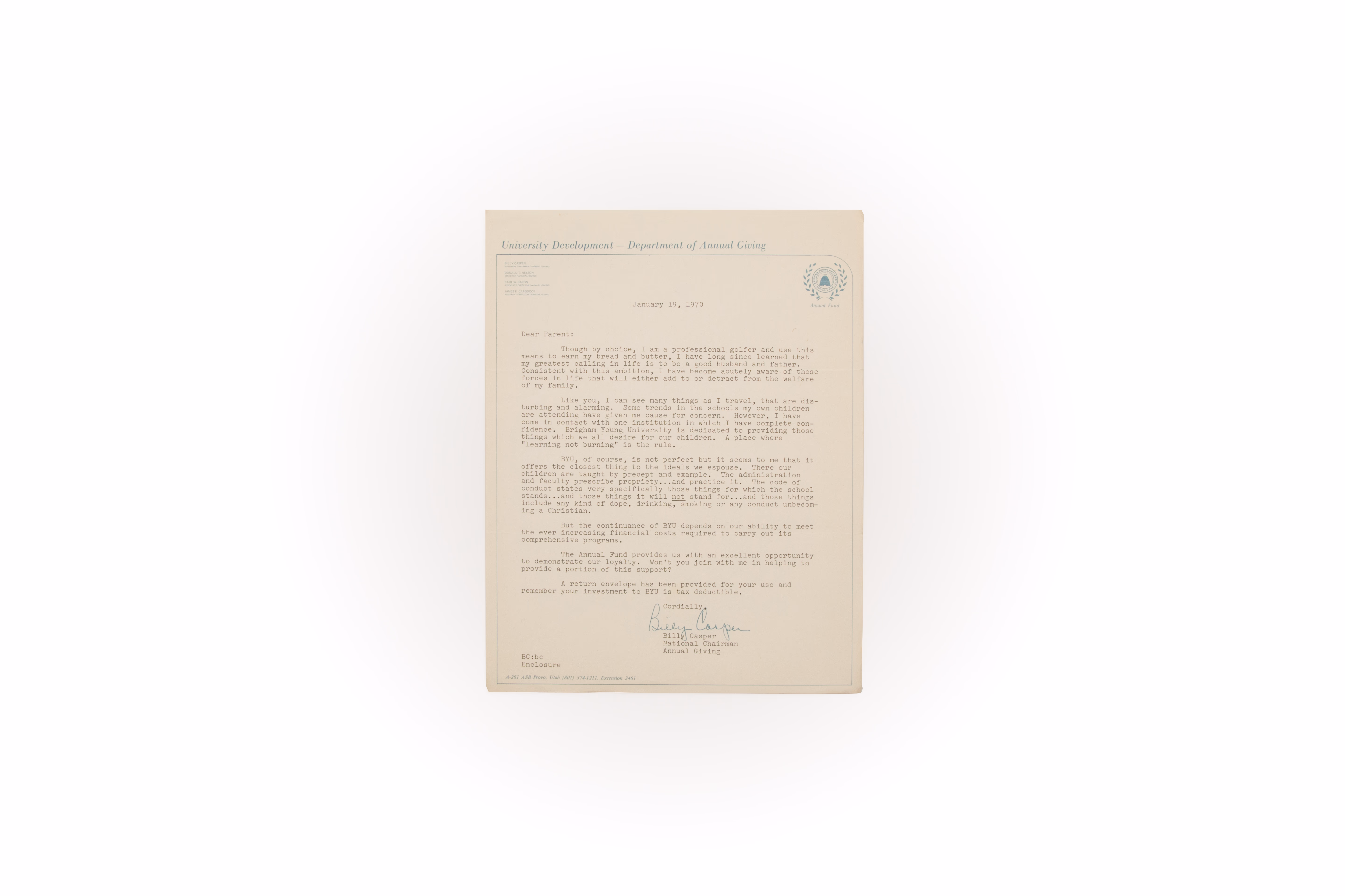 Asset 1 for Letter to parents from then BYU Golf Coach, Billy Casper