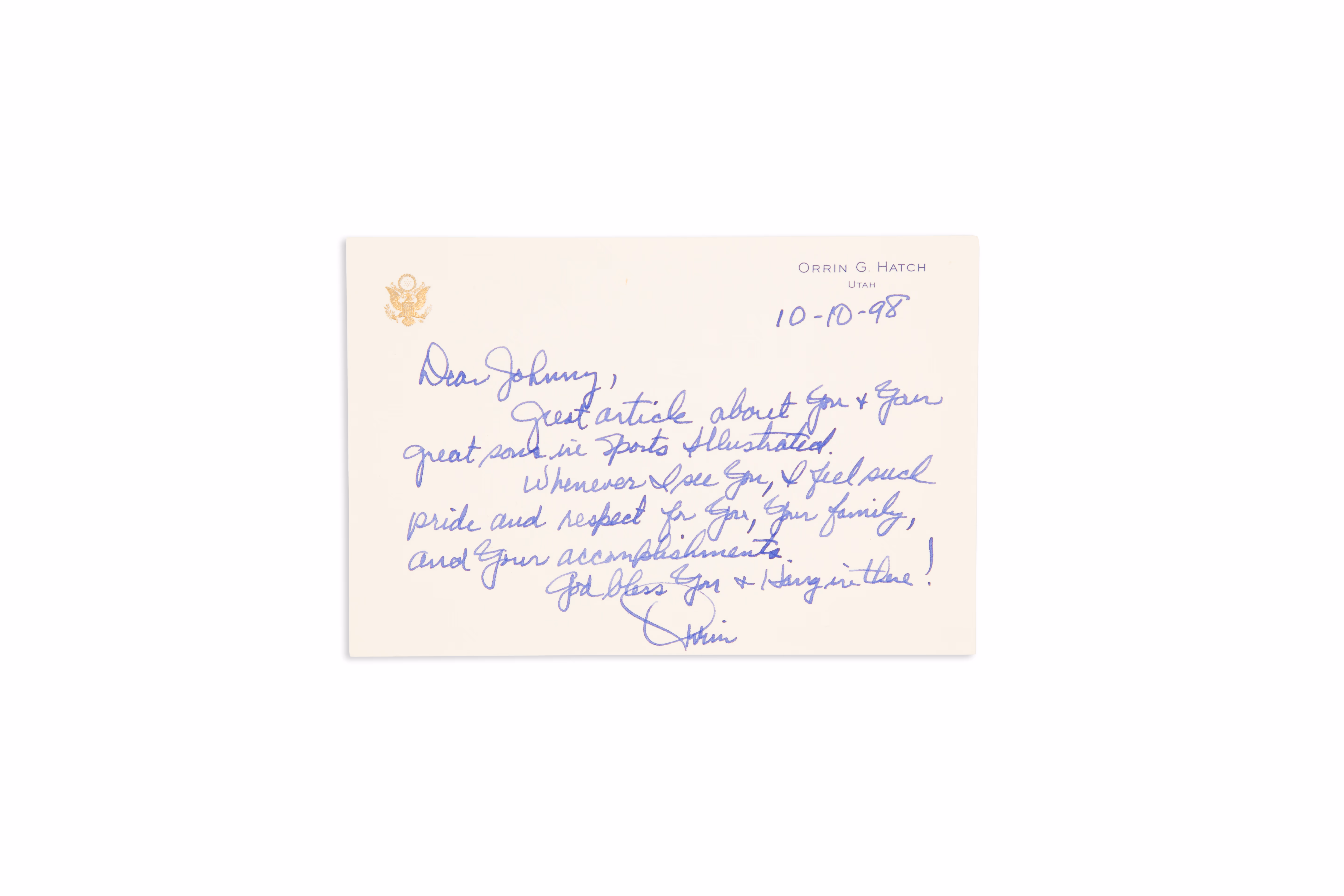 Asset 1 for Personal note from Utah Senator Orrin Hatch