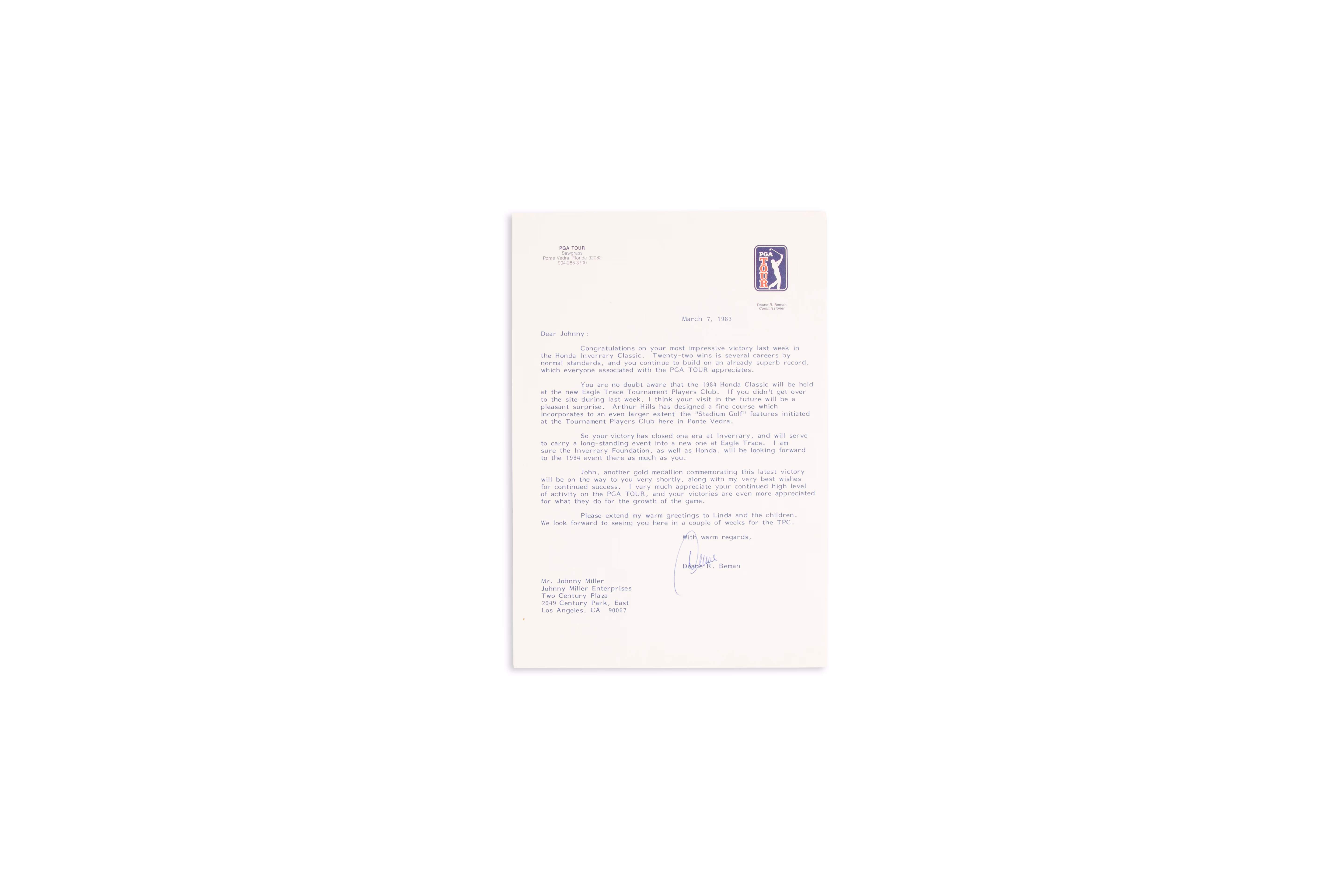 Asset 1 for Congratulations Letter from PGA Commissioner Deane Beman