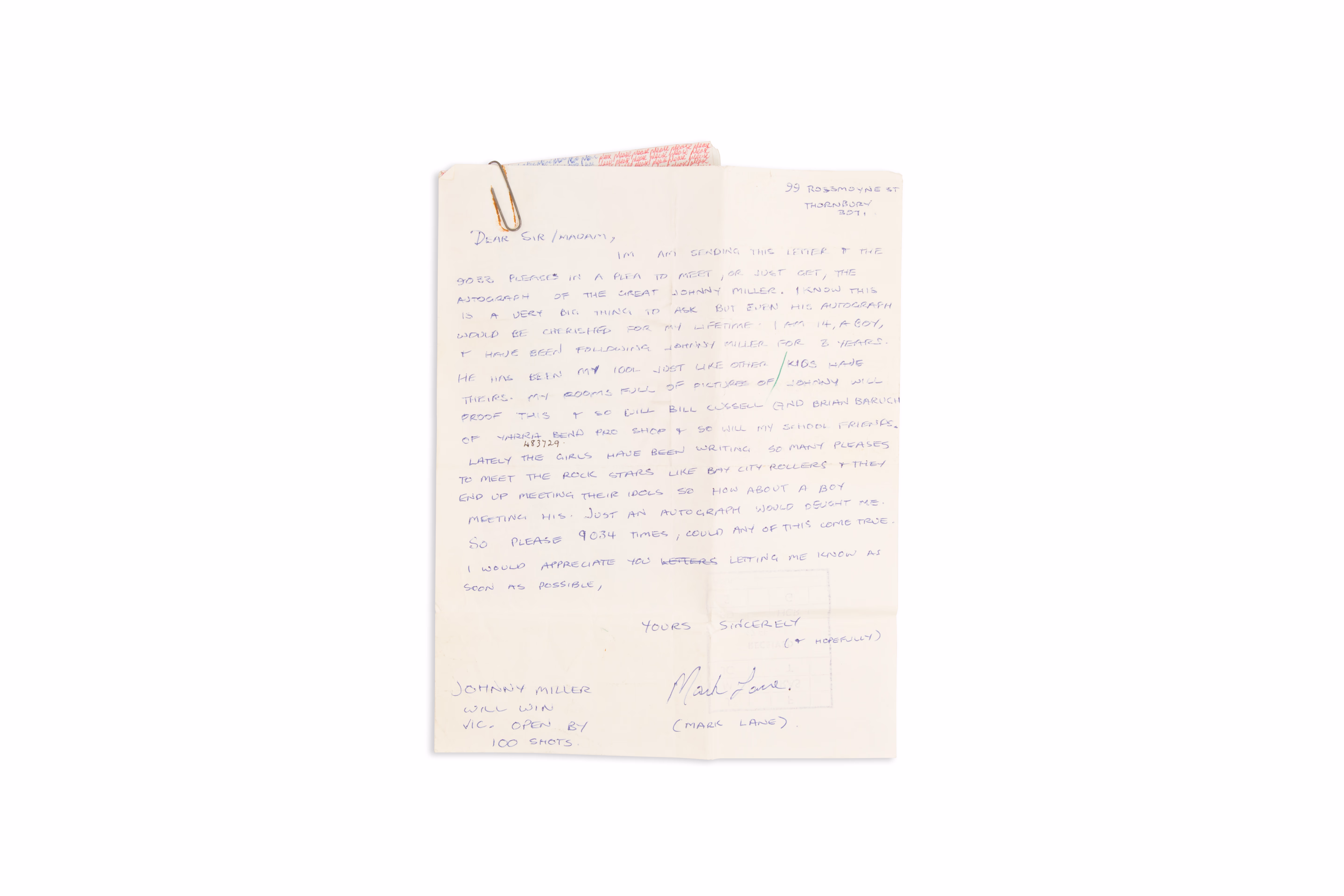 Asset 1 for Letter from young Australian fan "Mark Lane"