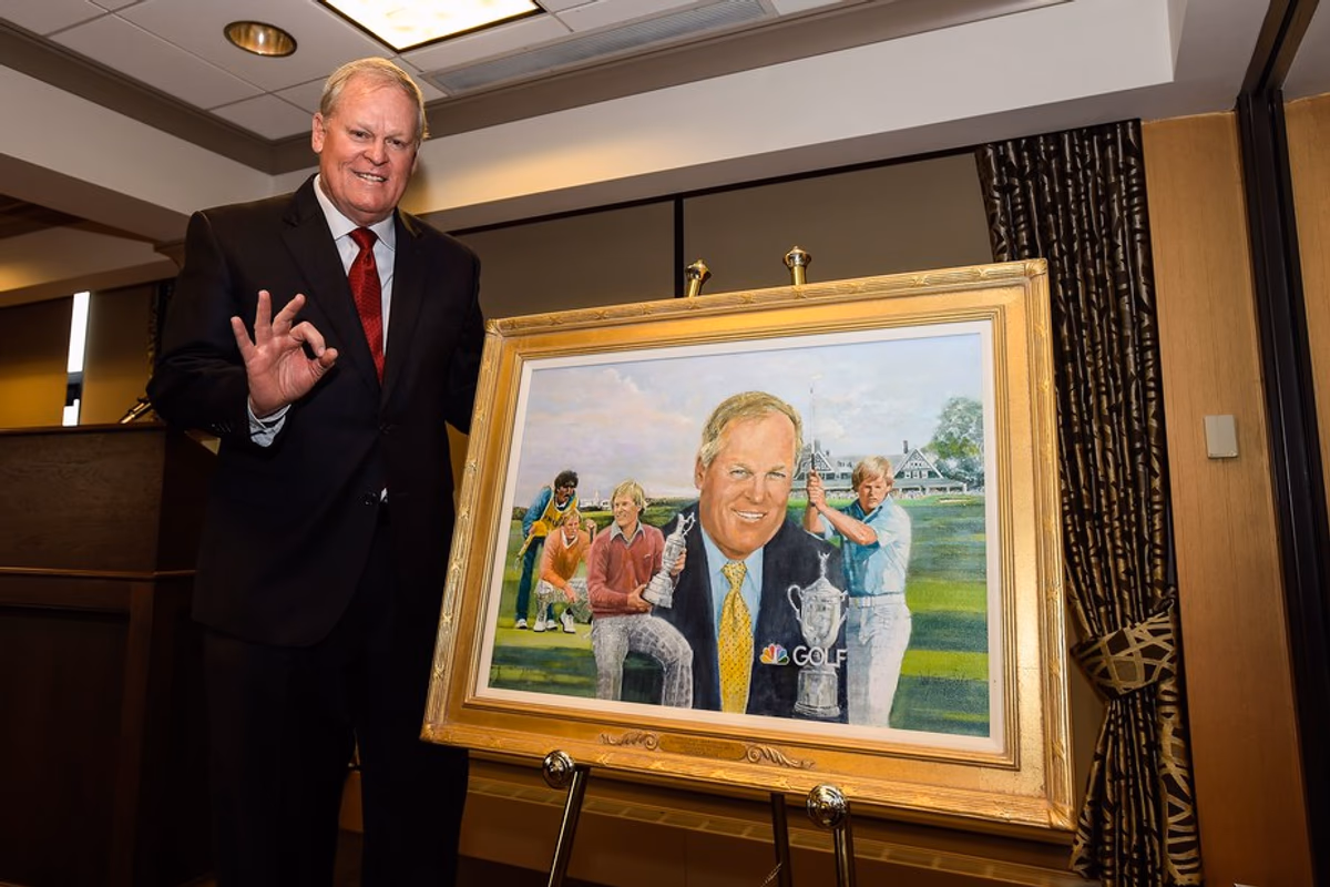 Miller stands with a commemorative painting after he was named the 2014 Ambassador of Golf at the WGC-Bridgestone Invitational.