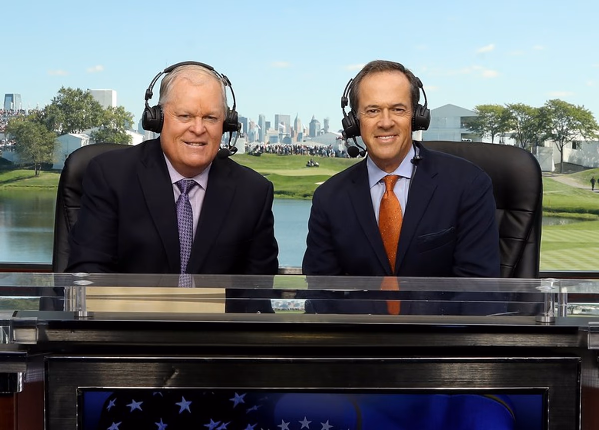 Johnny Miller and Dan Hicks in the NBC booth during at the 2017 Presidents Cup.