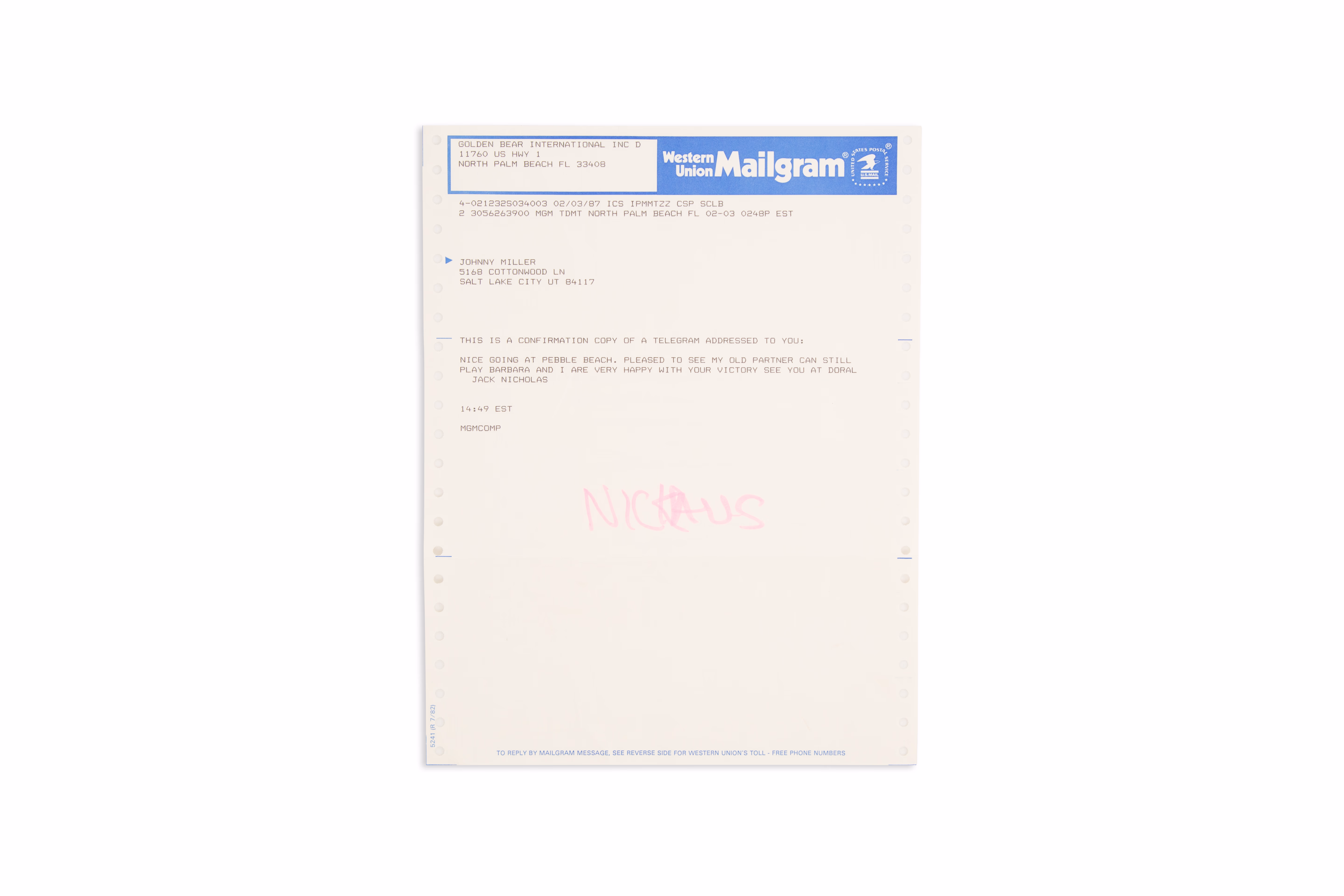 Asset 1 for Western Union Telegram from Jack Nicklaus